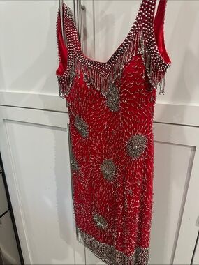 Red Vintage Beaded Fringe Cocktail Dress